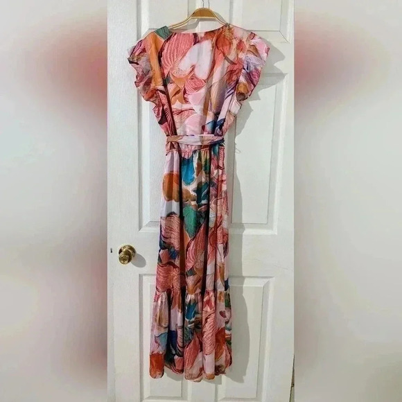 Sam Edelman Flora Printed Tie-Waist Faux-Wrap Flutter Sleeve Tiered Dress 14 NWT - Picture 6 of 8